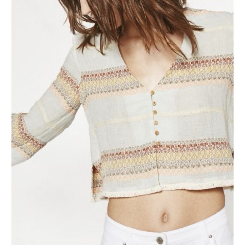 Zara Boho‎ Embroidered Cropped Top Women's XS Multicoloured Frayed Hem Festival